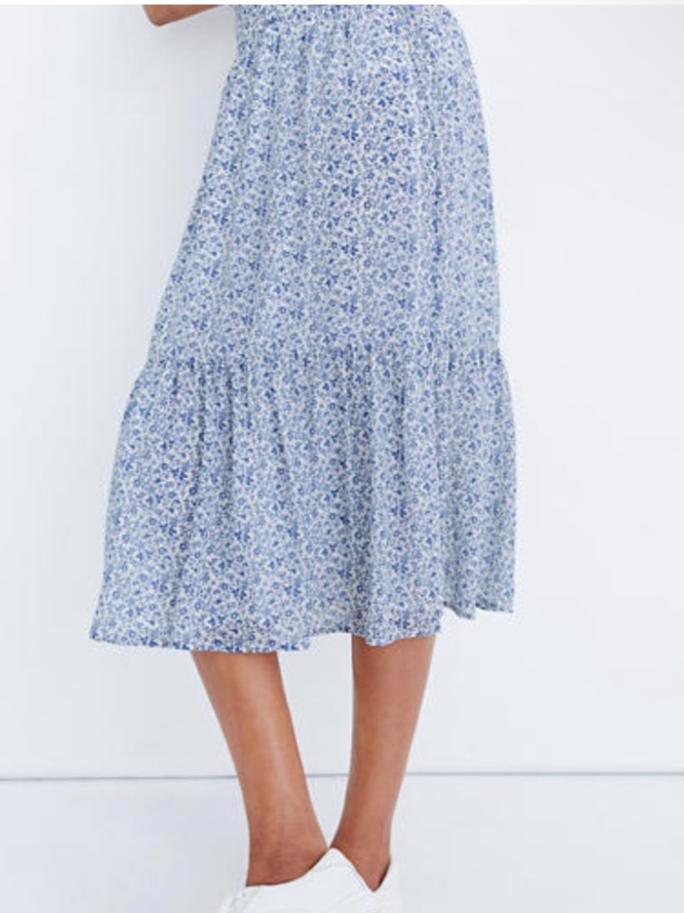 Madewell Cream Blue Floral Tiered Midi Skirt with Smocked Back Waist